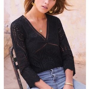Sezane Andrea Cutwork Eyelet Black Blouse Top